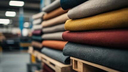 Colorful fabric rolls stacked on wooden pallets in a textile warehouse.