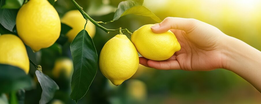 A hand picking ripe, fresh lemons from a lemon tree in a vibrant orchard, showcasing lush green leaves and bright yellow fruits.
