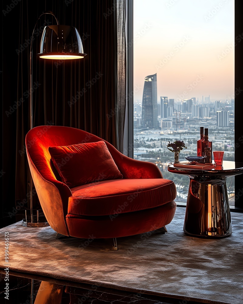 Poster a modern, red velvet armchair sits next to a side table with a cityscape view from a large window.