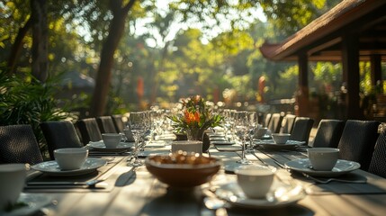 Fototapeta premium Elegant Outdoor Corporate Event Setting with Tableware