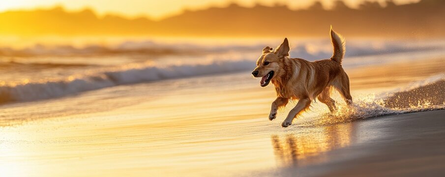 A joyful golden retriever running on the beach during sunset, capturing the essence of freedom and happiness in nature.