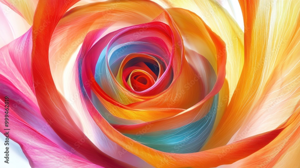 Poster mesmerizing colorful roses form swirling trails, creating a stunning abstract pattern on a white bac