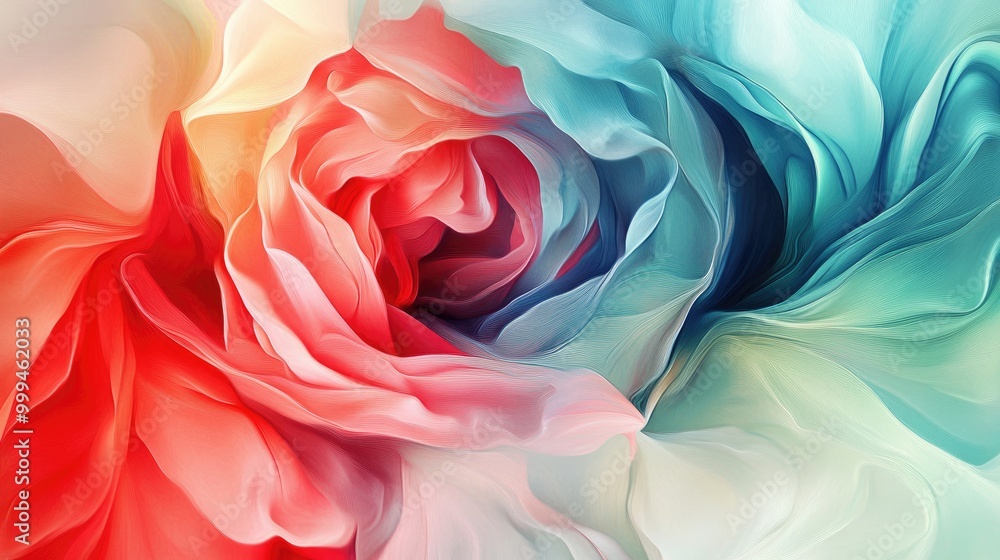 Poster mesmerizing colorful roses form swirling trails, creating a stunning abstract pattern on a white bac