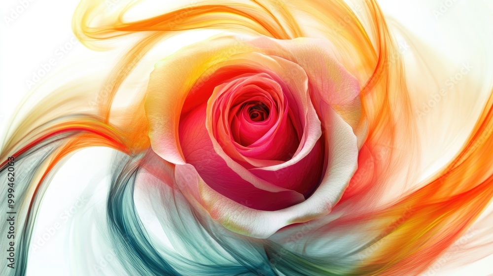 Poster mesmerizing colorful roses form swirling trails, creating a stunning abstract pattern on a white bac