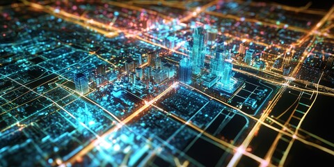 An advanced interface for city planning, showcasing holographic overlays, dynamic city layouts, and real-time data visualization.