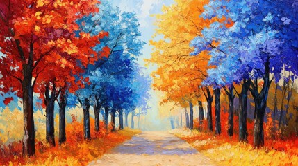 An old dirt road lined with tall blue trees, the bright autumn leaves fluttering in the breeze, creating a vibrant mix of colors