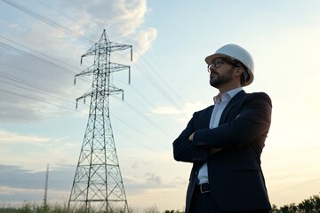A confident engineer in a suit stands near a power line against a vibrant sunset, showcasing professionalism in energy management.