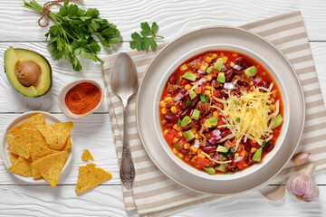 taco soup with kidney bean, corn, ground beef