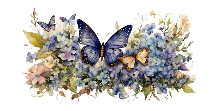 watercolor butterflies and blue flowers on white