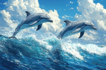 Fototapeta premium Delinquent Dolphins Jumping Over Waves in the Blue Ocean