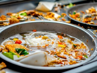 A messy plate depicting leftover food, showcasing vibrant vegetables tangled in a flavorful broth, perfect for food-related themes.