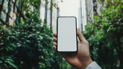 Businessman holding cell phone with Skyscrapers and blue sky and Eco-friendly building in the modern city,Office building with green environment,social media, mobile application,chatting,copy space.