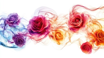 Mesmerizing swirling trails of roses in vibrant colors form an intricate abstract design on a white background, evoking artistic beauty