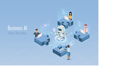 AI technology in business workflow. AI robot assist businessman team working and analyzing data with smart solution on connected jigsaw puzzles. Smart and success business solution.