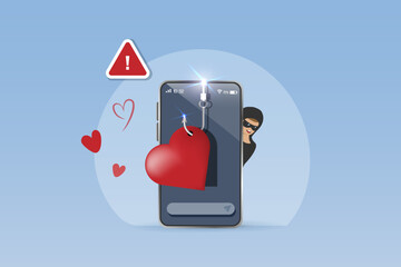 Romance scam, online dating phishing scam. Scammer with phishing hooks on women heart, fraud chatting on victim woman. Cyber crime, vector.