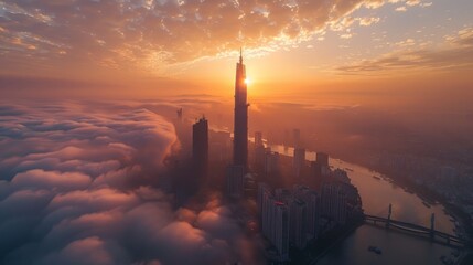 Aerial sunrise view at Landmark 81 - it is a super tall skyscraper and Saigon bridge with development buildings along Saigon river, cityscape in the morning cloudy 