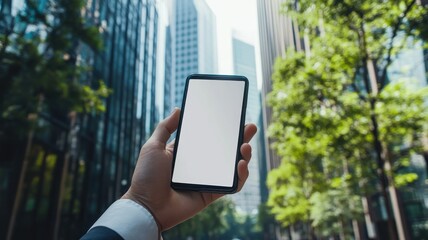Businessman holding cell phone with Skyscrapers and blue sky and Eco-friendly building in the modern city,Office building with green environment,social media, mobile application,chatting,copy space.