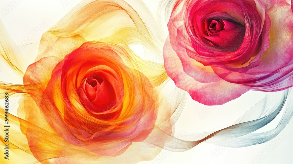 Poster mesmerizing vibrant roses swirl in flowing trails, creating an elegant abstract pattern on a white b