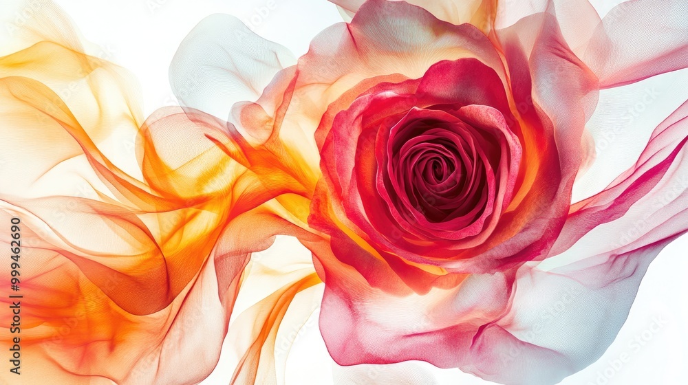 Poster mesmerizing vibrant roses swirl in flowing trails, creating an elegant abstract pattern on a white b