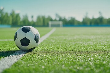 Close-up view of a soccer ball on a lush green field, ready for action under a clear blue sky. Perfect for sports-related projects.
