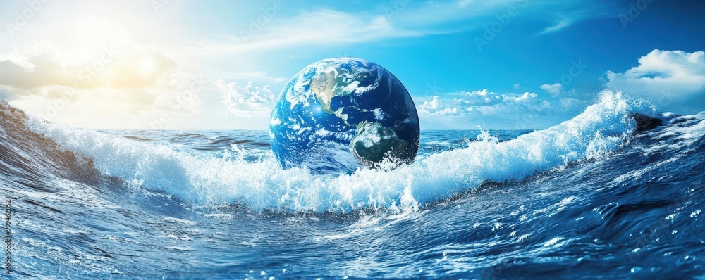 Wall mural planet earth is floating over the ocean,planet earth submerged and floating in sea,global warming an