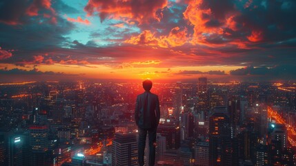 Fototapeta premium A man stands on a rooftop looking out over a city at a sunset