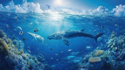 Fototapeta premium Modern Building office or city town is submerged the ocean sea and fish,global warming and rising sea level,Global warming,sinking globe,melting iceberg,environmental,Climate change concept.