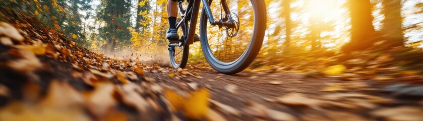 Naklejka premium A mountain bike rides through a forest trail covered in autumn leaves, captured in the warm glow of sunset light.