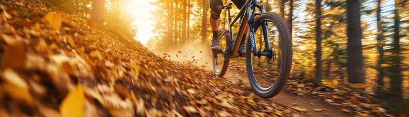 Naklejka premium A mountain biker rides through a scenic forest trail filled with colorful autumn leaves and warm sunlight.