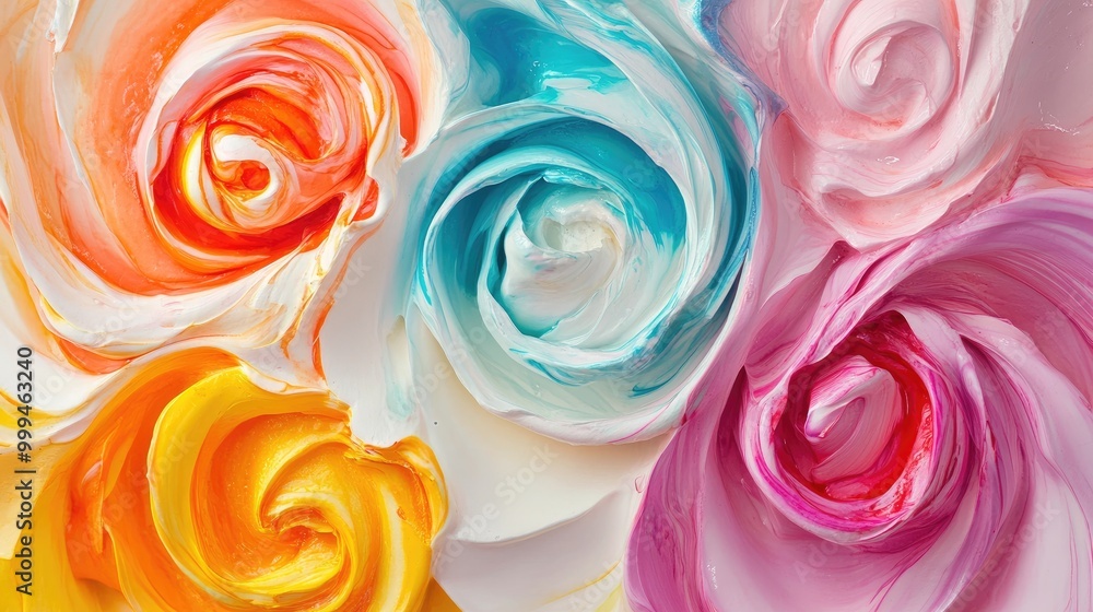 Poster stunning colorful roses form swirling patterns on a white backdrop, creating a mesmerizing abstract 