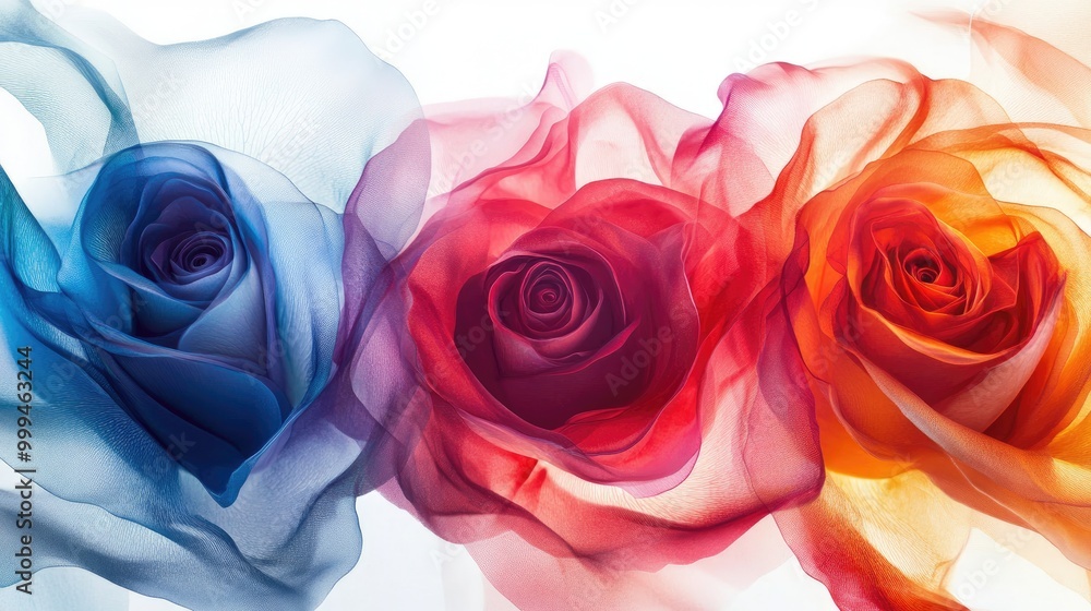 Poster stunning colorful roses form swirling patterns on a white backdrop, creating a mesmerizing abstract 