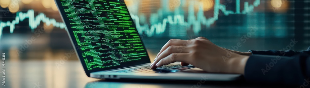 Poster a person analyzing data on a laptop with digital graphs in the background, showcasing technology and