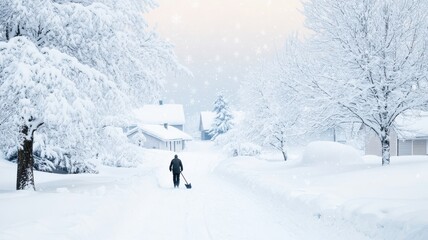 A peaceful winter scene with a person shoveling snow on a quiet, snow-covered street lined with trees and houses.