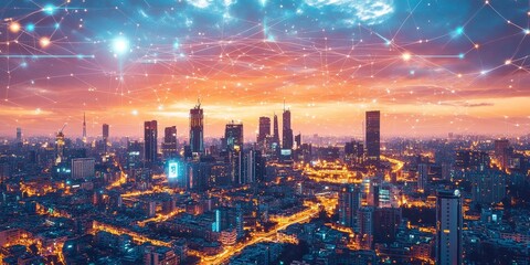 Fototapeta premium Futuristic urban landscape with advanced technology, interconnected smart systems, and glowing towers under a radiant sky.