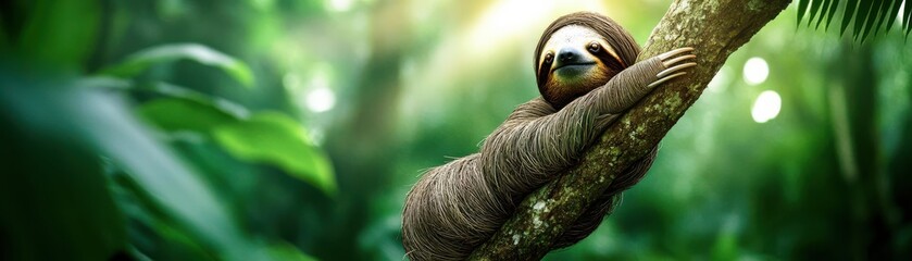 Fototapeta premium A peaceful sloth resting on a tree branch in a vibrant, lush jungle setting, showcasing the beauty of wildlife and nature.