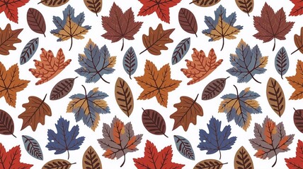 Obraz premium Seamless pattern of various autumn leaves in vibrant colors, including orange, blue, and brown, against a white background