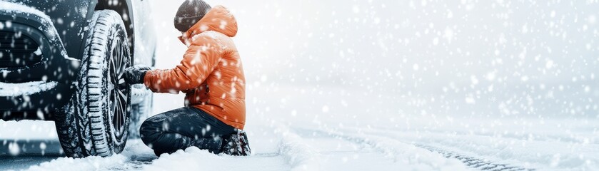 A person changing a tire in heavy snow, showcasing resilience against winter weather while maintaining vehicle safety.