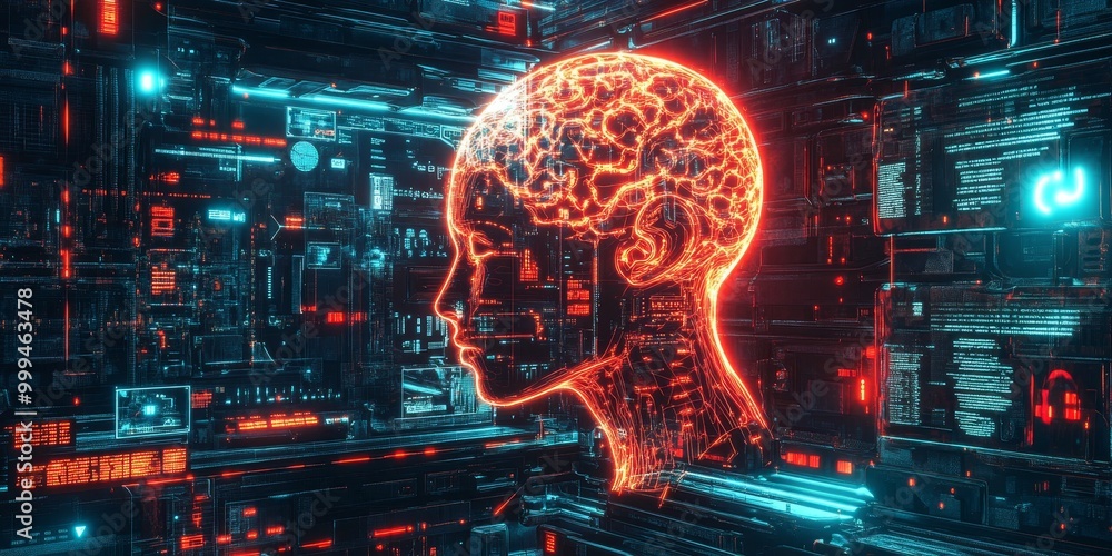 Poster A conceptual visualization of AI in a cyberpunk world, showcasing intricate neural patterns, neon lights, and advanced tech interfaces.
