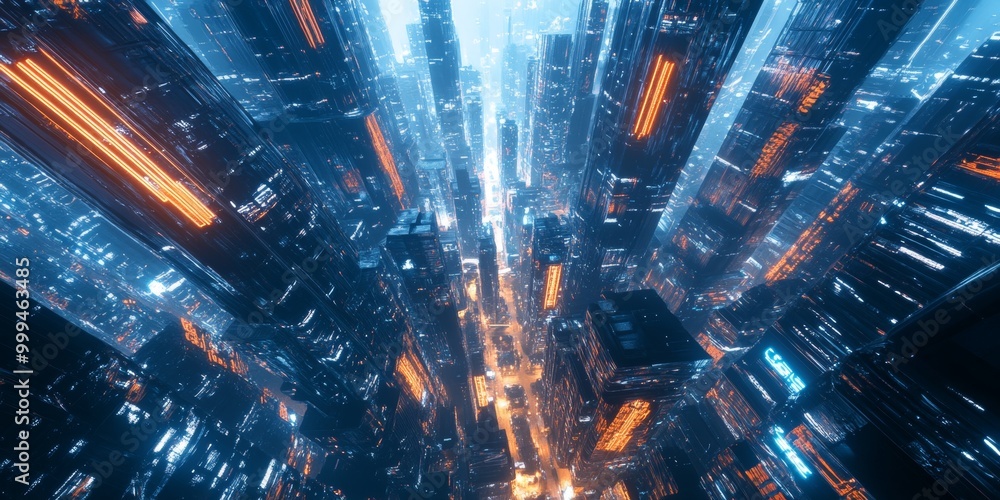 Poster futuristic vista with towering structures, glowing pathways, and advanced urban tech, captured in a 