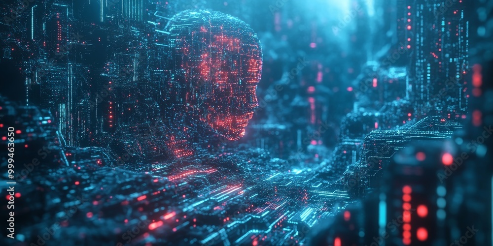 Poster A futuristic visualization of machine learning in a cyberpunk world, showcasing intricate data patterns, glowing neural networks, and advanced tech interfaces.
