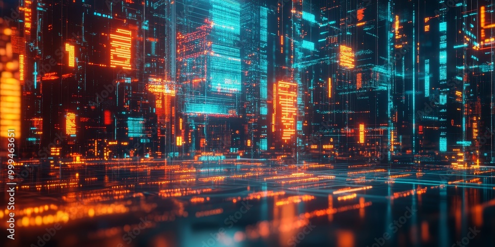Poster A detailed view of machine learning algorithms visualized as neon-lit data patterns in a futuristic cyberpunk environment.