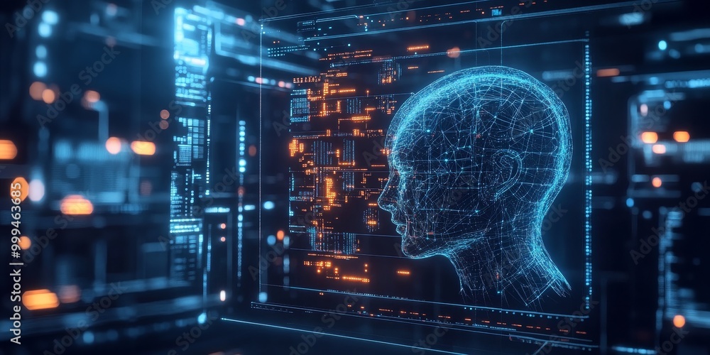 Poster Cyberpunk machine learning system with glowing neural networks, holographic data displays, and advanced AI integration in a sleek tech setting.