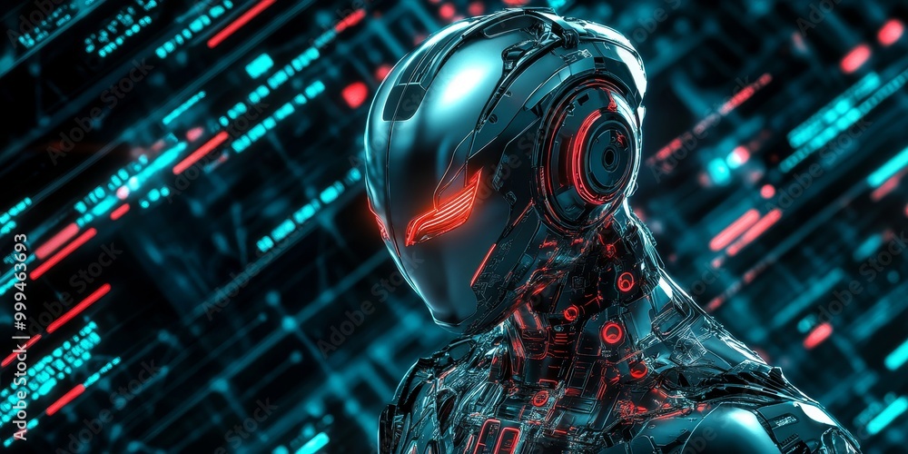 Poster a sleek futuristic robot in a cyberpunk world, featuring glowing neon circuits, advanced AI, and a dark high-tech background.