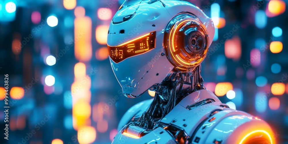 Poster a futuristic robot with advanced ai, glowing neon highlights, and a cyberpunk cityscape in the backg