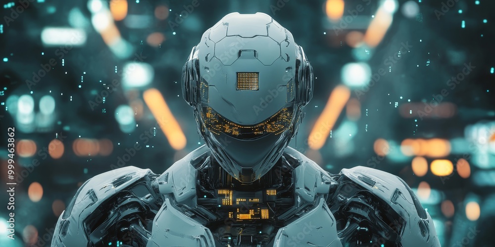 Poster A high-tech robot in a cyberpunk setting, featuring sleek design, glowing circuits, and advanced mechanical features.