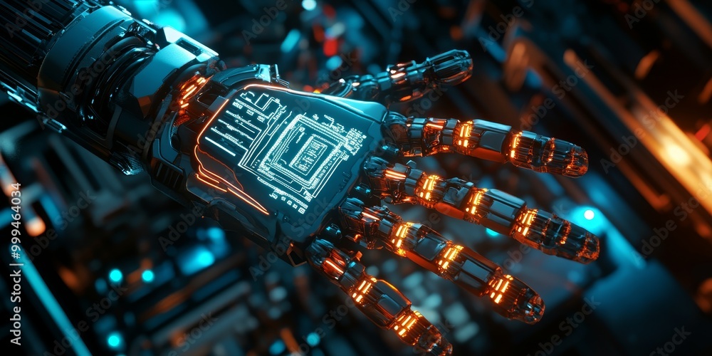 Poster a cyberpunk industrial robot with glowing neon circuits, advanced mechanical limbs, and a dark high-