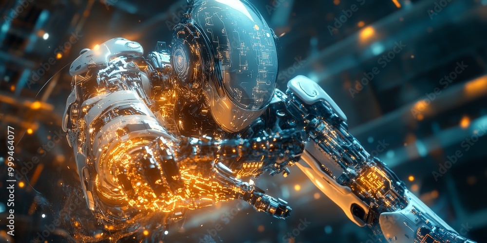 Aufkleber A cyberpunk industrial robot in action, with glowing circuits, advanced mechanics, and a dark futuristic factory setting.