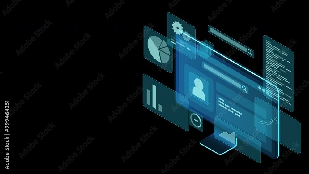 Poster computer monitor animation with blue virtual holographic projections with graphs and charts for data