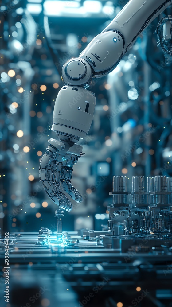 Poster A robotic arm reaches down and touches a futuristic circuit board with a bright blue spark.