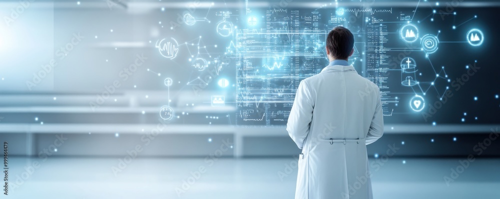 Poster a scientist observes digital data on a futuristic screen, symbolizing innovation and technology in r